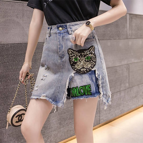 Fusta de dama moderna din denim cu talie inalta si paiete