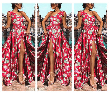 Rochie lungă de damă elegantă, cu o fantă în model floral