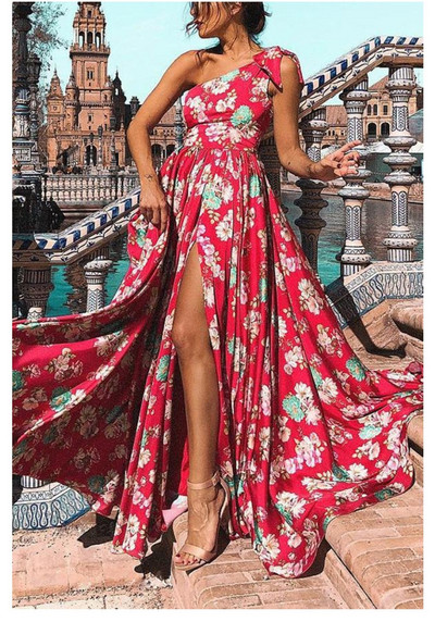 Rochie lungă de damă elegantă, cu o fantă în model floral