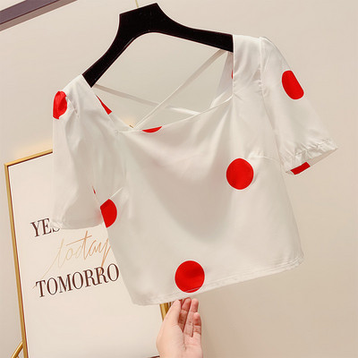 Bluză de damă scurtă cu buline cu mâneci scurte în trei culori