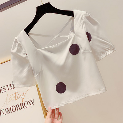 Bluză de damă scurtă cu buline cu mâneci scurte în trei culori