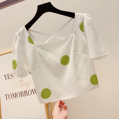 Bluză de damă scurtă cu buline cu mâneci scurte în trei culori