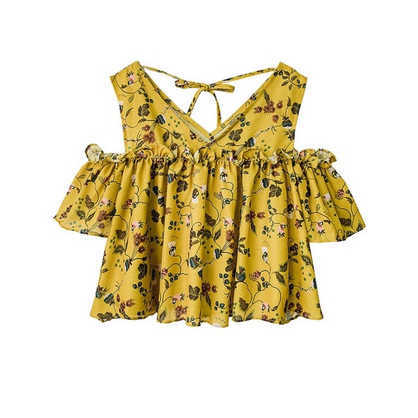 Bluza de dama moderna cu umerii goi in galben si alb cu motive florale