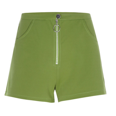 Pantaloni scurti de dama cu talie inalta si fermoar de culoare verde