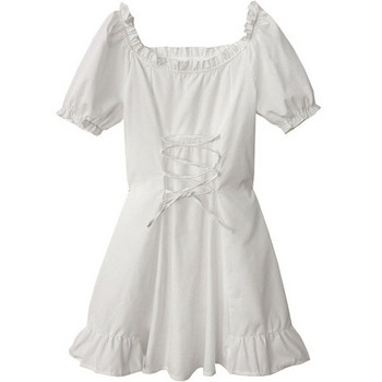 Модерна дамска рокля с къс ръкав и връзки в бял цвят