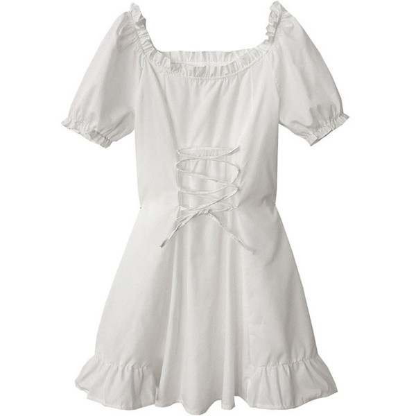 Модерна дамска рокля с къс ръкав и връзки в бял цвят