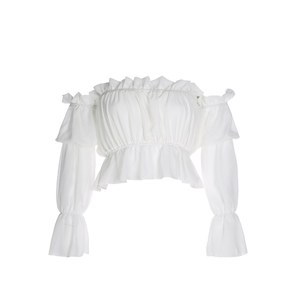 Bluză scurtă de damă actuală cu mâneci căzute în alb