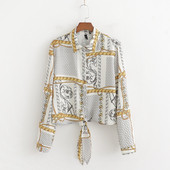 Дамска риза с класическа яка и дълъг ръкав и връзки на талията