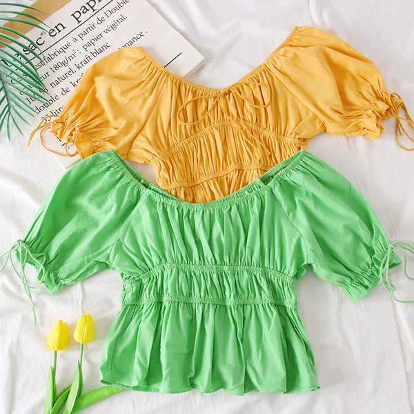 Bluza de dama model nou cu umerii goi in alb, galben si verde