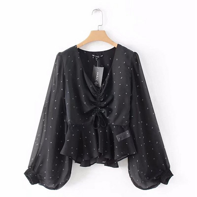 Cămașă de damă din tul cu mâneci lungi de culoare neagră