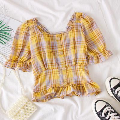 Bluza dama in carouri cu decolteu patrat si nasturi in mai multe culori