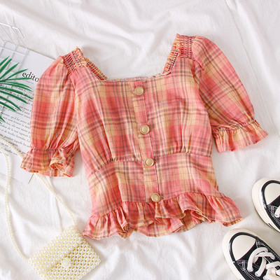 Bluza dama in carouri cu decolteu patrat si nasturi in mai multe culori