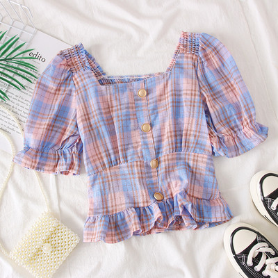 Bluza dama in carouri cu decolteu patrat si nasturi in mai multe culori