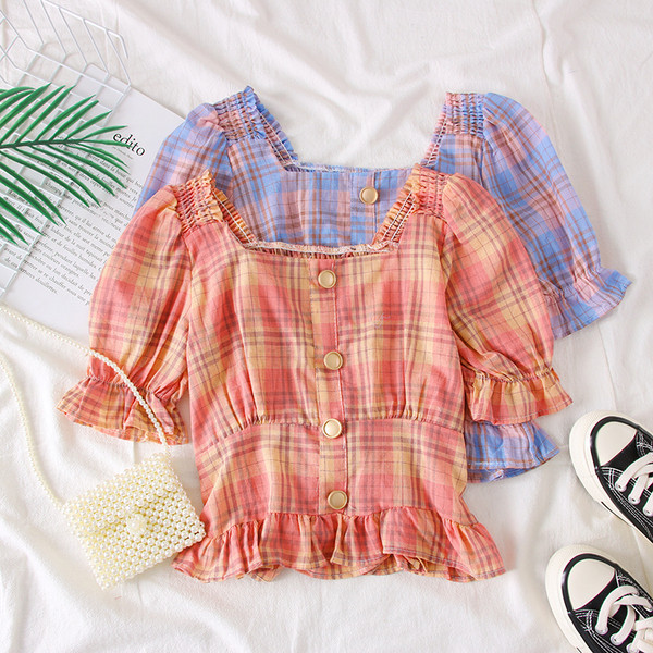 Bluza dama in carouri cu decolteu patrat si nasturi in mai multe culori