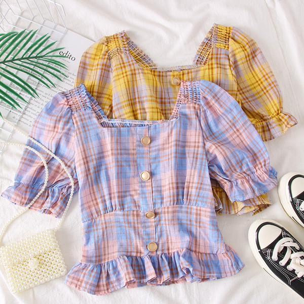 Bluza dama in carouri cu decolteu patrat si nasturi in mai multe culori