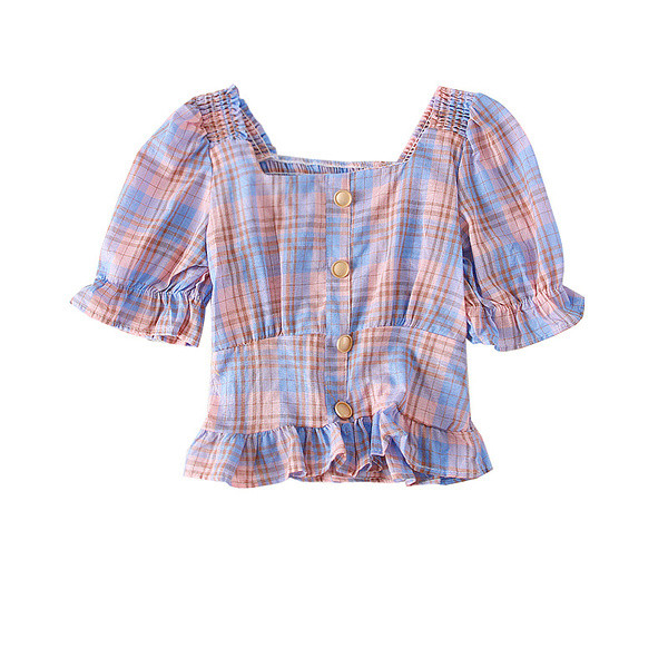 Bluza dama in carouri cu decolteu patrat si nasturi in mai multe culori