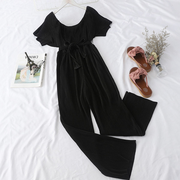 Κομψή Γυναικεία ολόσωμη φόρμα  με ζώνη σε μαύρο, μπεζ και μπλε χρώμα