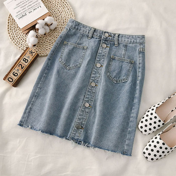 Fusta dama casual din denim cu talie inalta si nasturi