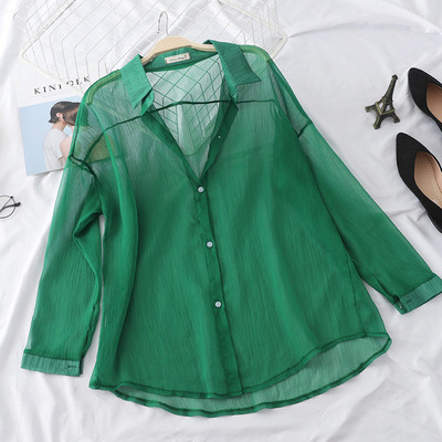 Cămașă elegantă de damă, model larg, cu mâneci lungi, în negru, alb și verde