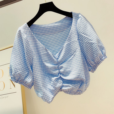 Модерна дамска карирана риза с V-образно деколте