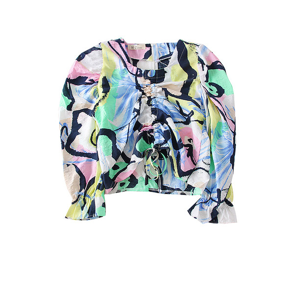 Bluză de damă colorată cu decolteu în V și șireturi în două culori