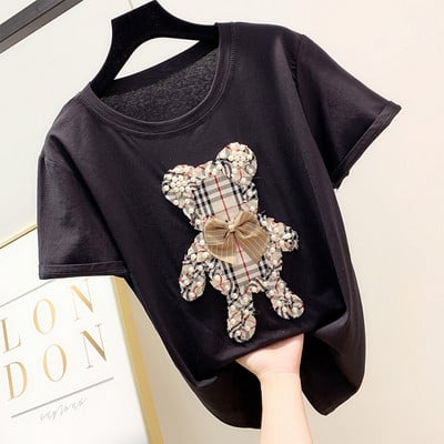 Модерна дамска тениска с 3D елемент с перли в няколко цвята