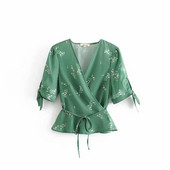 Дамска блуза с къс ръкав и връзки на талията в зелен цвят