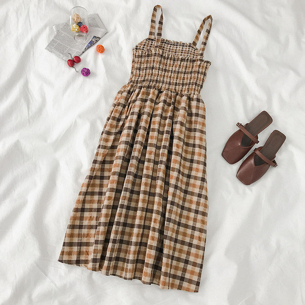 Rochie casual dama in carouri cu bretele subtiri