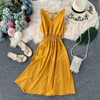 Стилна дамска рокля с V-образно деколте и еластична талия в няколко цвята 