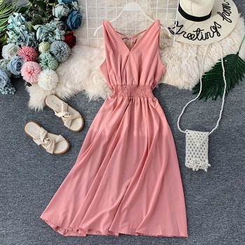 Стилна дамска рокля с V-образно деколте и еластична талия в няколко цвята 