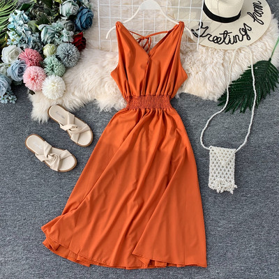 Стилна дамска рокля с V-образно деколте и еластична талия в няколко цвята 