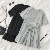 Rochie modernă de damă cu mâneci scurte și spate gol în negru și gri