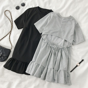 Rochie modernă de damă cu mâneci scurte și spate gol în negru și gri