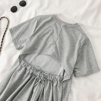 Rochie modernă de damă cu mâneci scurte și spate gol în negru și gri