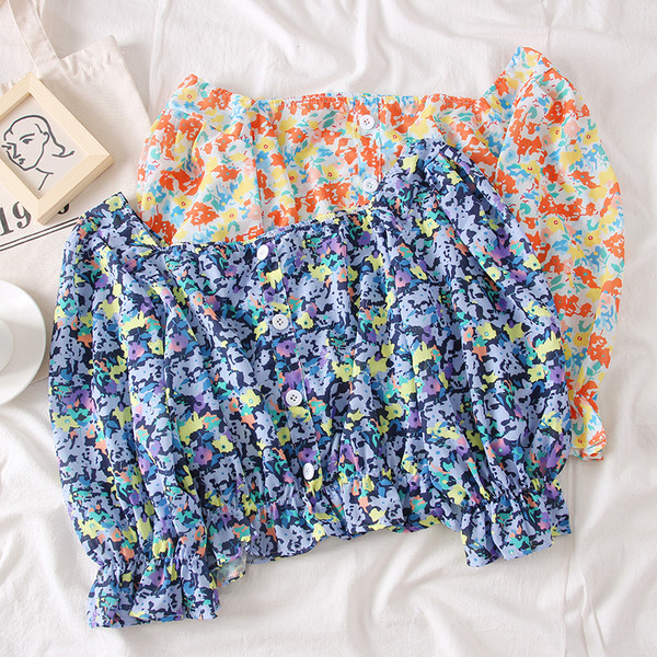 Bluză de damă elegantă cu motive florale și decolteu pătrat în două culori