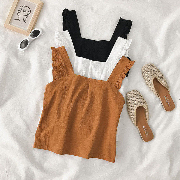 Maieu casual de damă cu bretele largi în alb, maro și negru