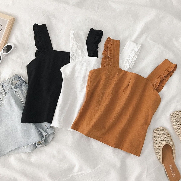 Maieu casual de damă cu bretele largi în alb, maro și negru