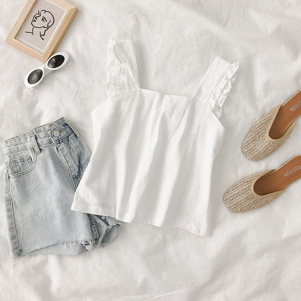 Maieu casual de damă cu bretele largi în alb, maro și negru