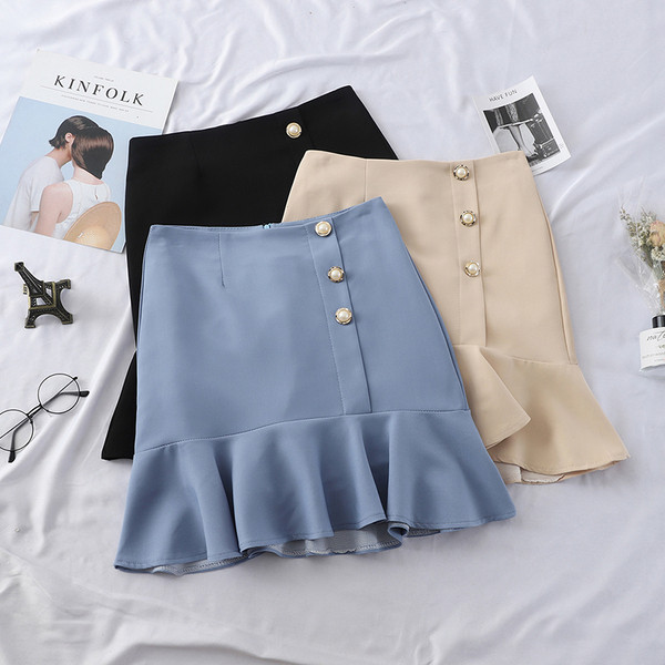 Стилна дамска пола с копчета в черен, син и кафяв цвят