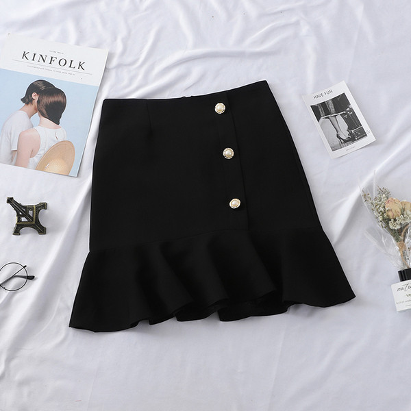 Стилна дамска пола с копчета в черен, син и кафяв цвят