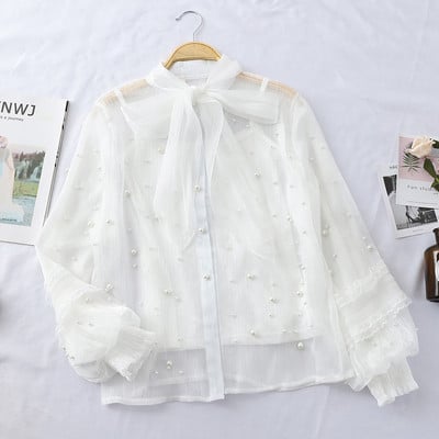 Стилна дамска риза с потник и перли в няколко цвята