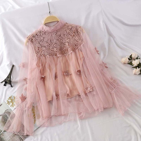 Cămașă elegantă de damă cu mâneci lungi și dantelă în mai multe culori