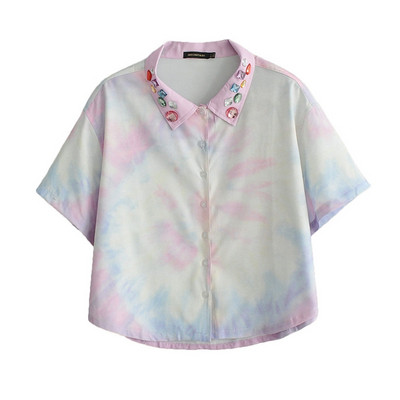 Дамска риза с преливащи цветове и цветни камъни по яката