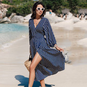 Rochie de damă modernă în dungi, cu mâneci lungi, în albastru