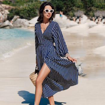 Rochie de damă modernă în dungi, cu mâneci lungi, în albastru