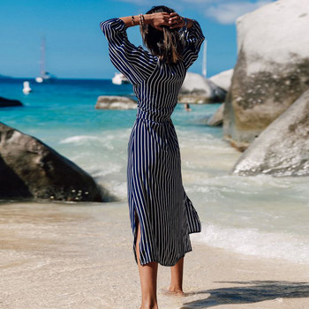 Rochie de damă modernă în dungi, cu mâneci lungi, în albastru