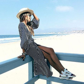 Rochie de damă modernă în dungi, cu mâneci lungi, în albastru