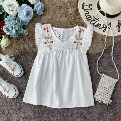 Модерен дамски потник с V-образно деколте и бродерия в няколко цвята