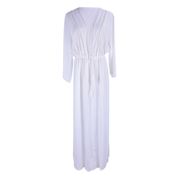 Μοντέρνο γυναικείο παρεό μακρύ μοντέλο  με κορδόνια και δαντέλα σε λευκό χρώμα