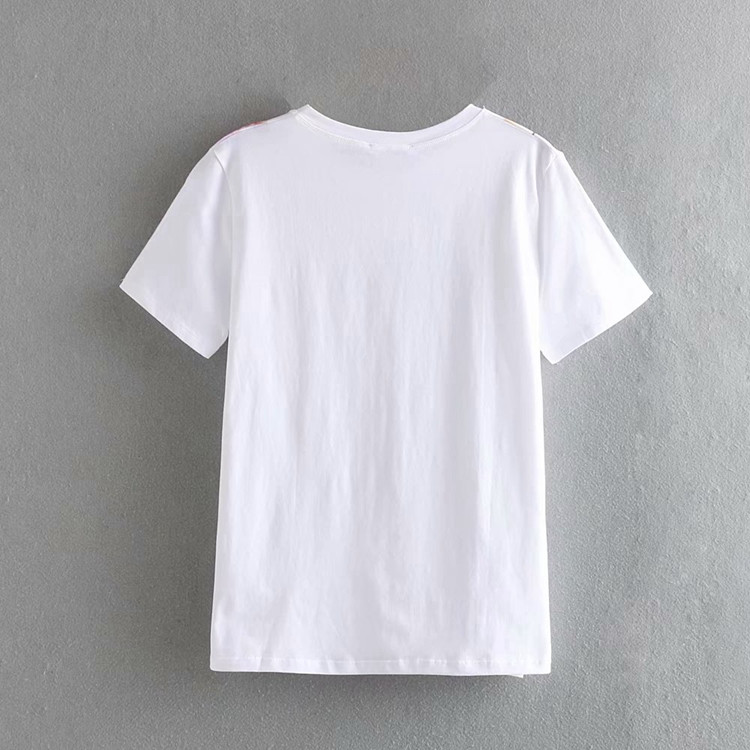 Tricou alb de dama cu maneca scurta si aplicatie - flori